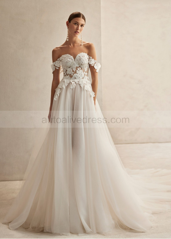 Off Shoulder Ivory Lace Tulle Corset Back Chic Wedding Dress Off Shoulder Ivory Lace Tulle Corset Back Chic Wedding Dress